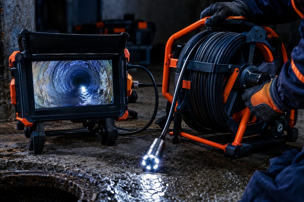 Rugged sewer inspection monitor showing the interior of a pipe, with camera reel and cable