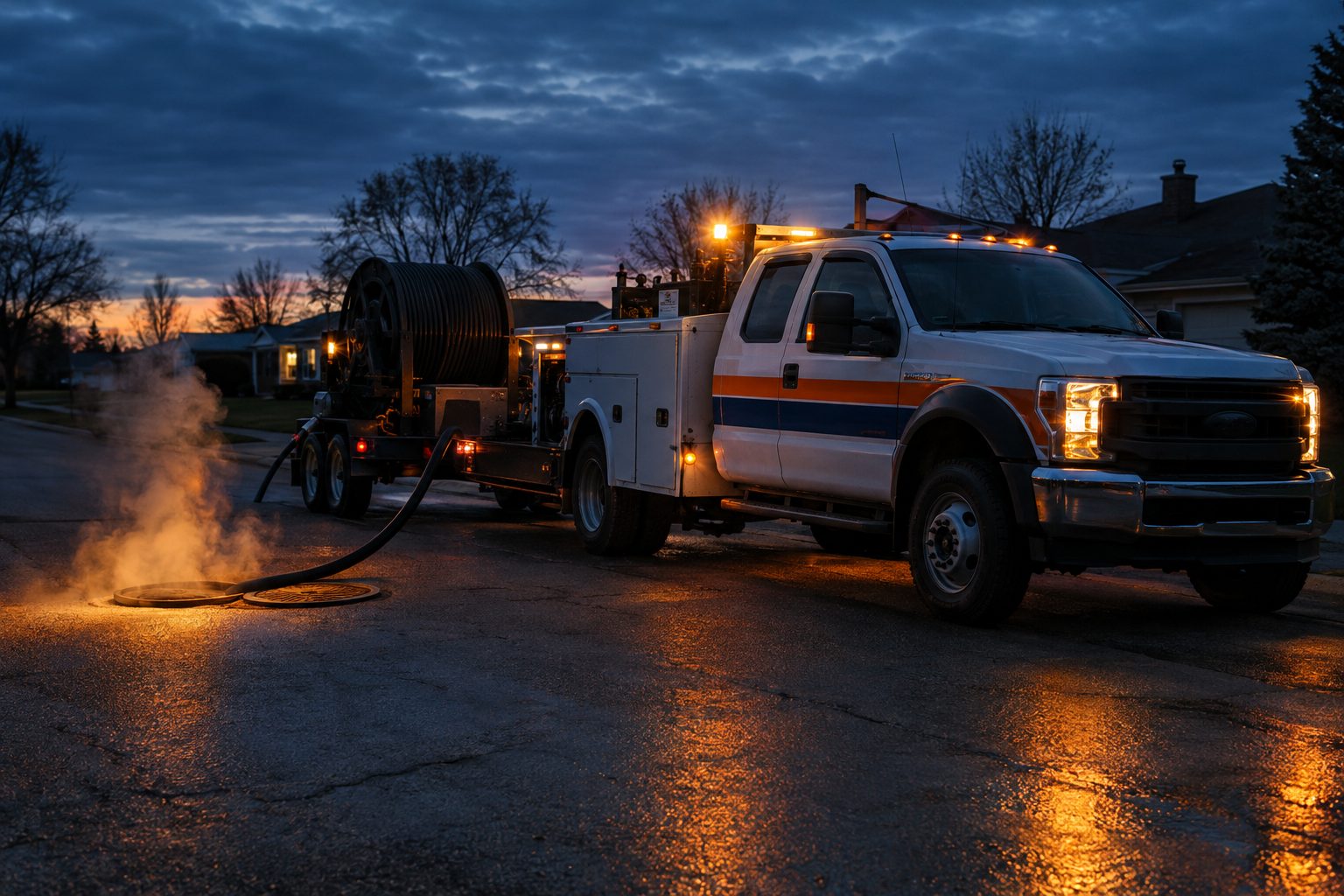Service truck and jetting trailer under work lights at dusk