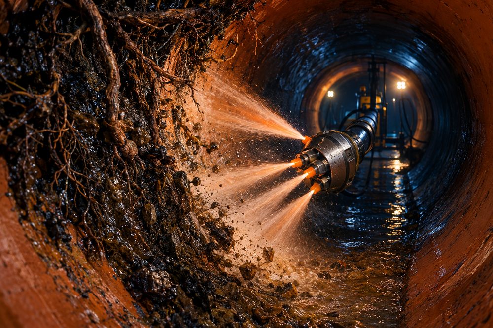Cutaway view of a high-pressure water jet nozzle blasting grease and roots from inside a sewer pipe