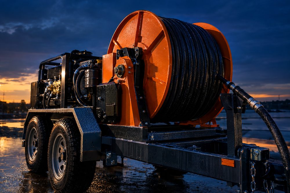 Heavy-duty orange and black high-pressure water jetting hose reel on a steel trailer