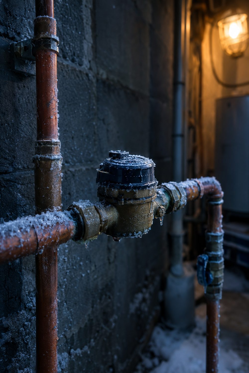 Frost forming on residential water meter and copper pipes in a cold utility corner